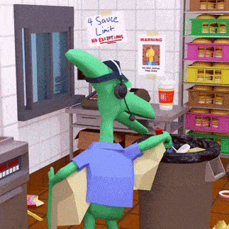 a cartoon character is standing in front of a sign that says 4 sauce limit no exceptions