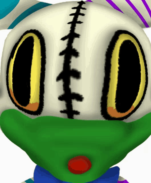 a close up of a cartoon character 's face with stitches and a red nose