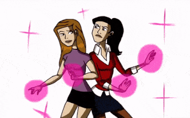 a cartoon of two women standing next to each other wearing pink gloves .