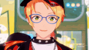 a cartoon character wearing glasses and a hat with trickstar in the corner