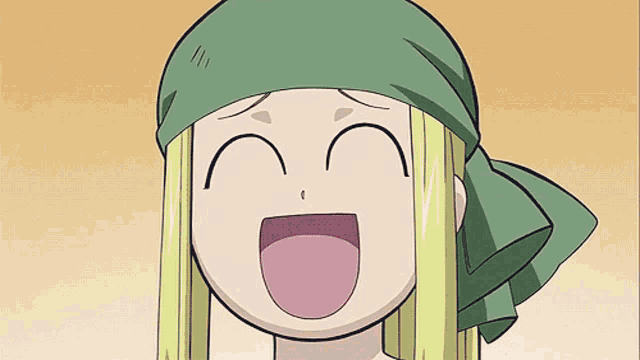 a cartoon character with long blonde hair and a green headband laughing