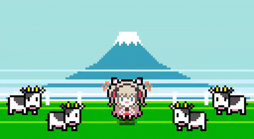 a pixel art of a girl surrounded by cows with crowns