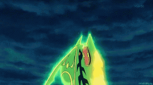 a green and yellow pokemon is flying through the air in a cartoon .