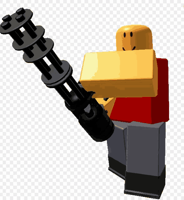 a roblox character is holding a gun with a smiley face on his face