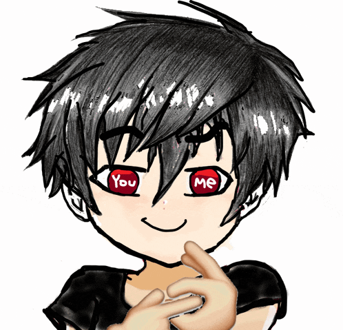 a drawing of a boy with red eyes that says you and me