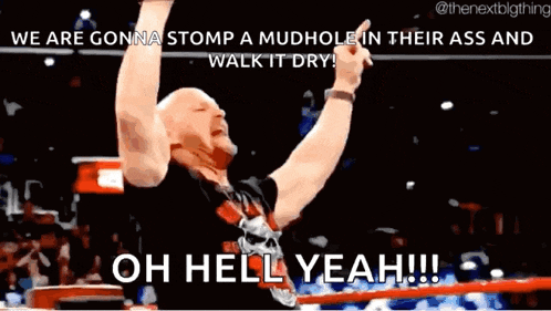 a man in a wrestling ring says we are gonna stomp a mudhole in their ass and walk it dry ..