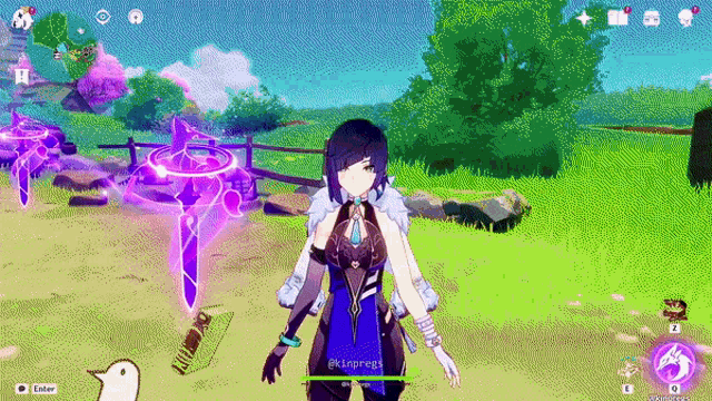 a girl is standing in a field in a video game with a purple circle around her .