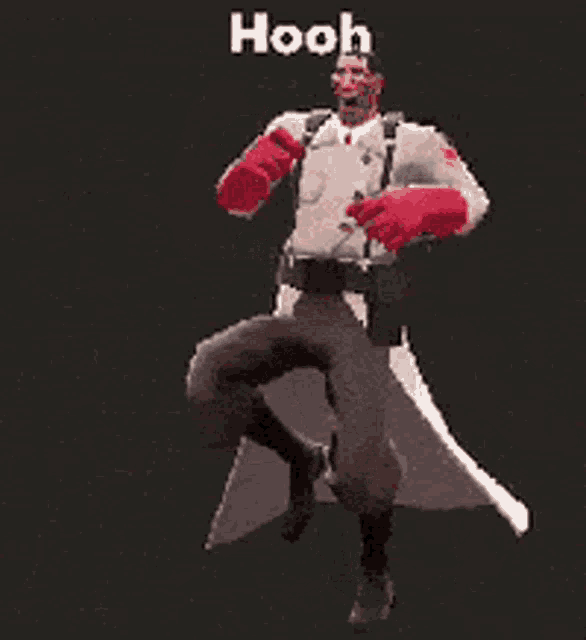 a man in a white coat and red gloves is dancing in front of a black background with the word hoooh on it .
