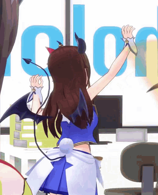 a girl with devil horns and tail is standing in front of a blue sign that says ' odor '