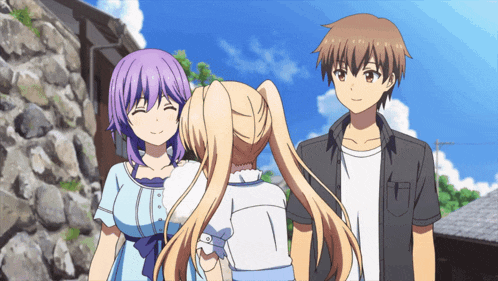a group of anime characters are standing next to each other and smiling
