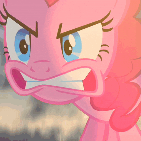 a close up of a pink cartoon character with an angry expression