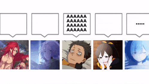 a collage of anime characters with a speech bubble that says ' lalala '