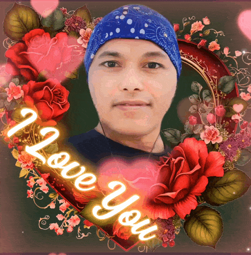 a man in a blue bandana is surrounded by red roses and a heart that says " i love you "