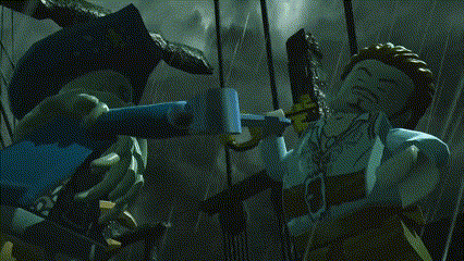 a lego figure is holding a sword and a blue item with a fish on it