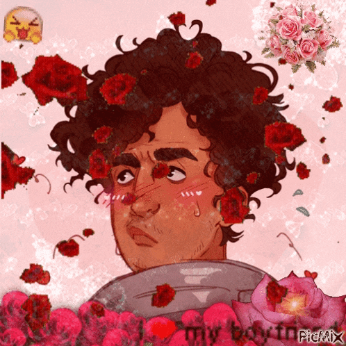 a drawing of a man with roses in his hair and the words " my boyfriend " on the bottom right