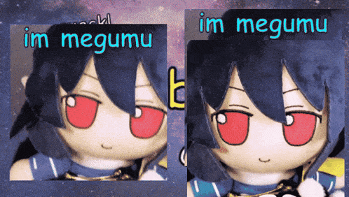 a picture of a stuffed doll with the words im megumu written on it