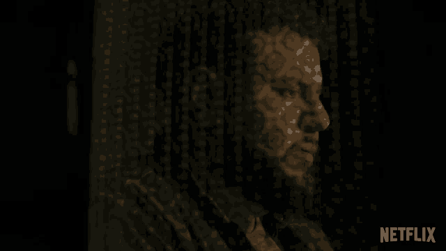 a man 's face is behind a curtain with a netflix logo in the corner