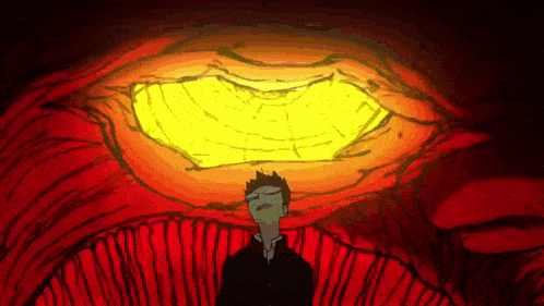a man is standing in front of a large mouth with a yellow light coming out of it
