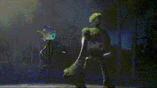 a drawing of a robot with a blue eye and a green arm