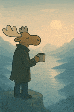 a moose is holding a cup of coffee and looking at a river