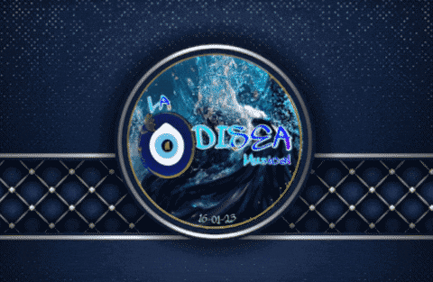 a logo for la odisea musical shows a blue evil eye