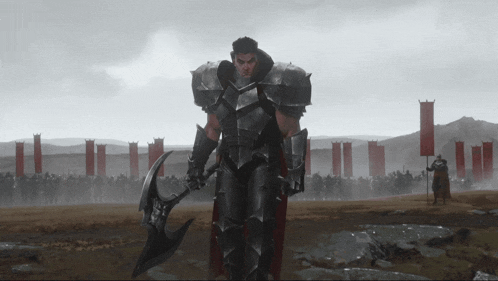 a man in armor is holding a large axe in front of a crowd of soldiers