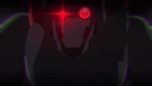 a close up of a person 's face with red eyes and a green light behind them