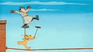 a cartoon of a man and a dog on a rope