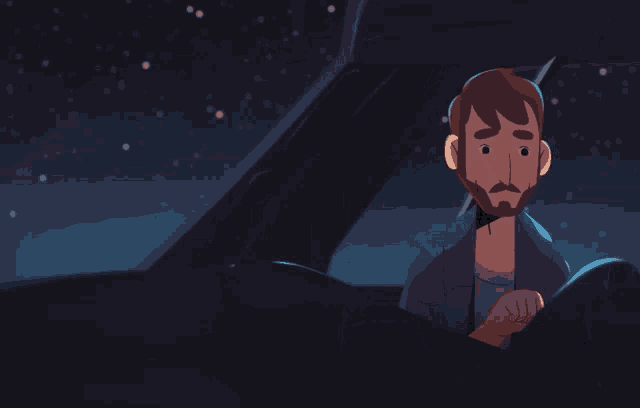 a man with a beard is sitting in a car looking out the window