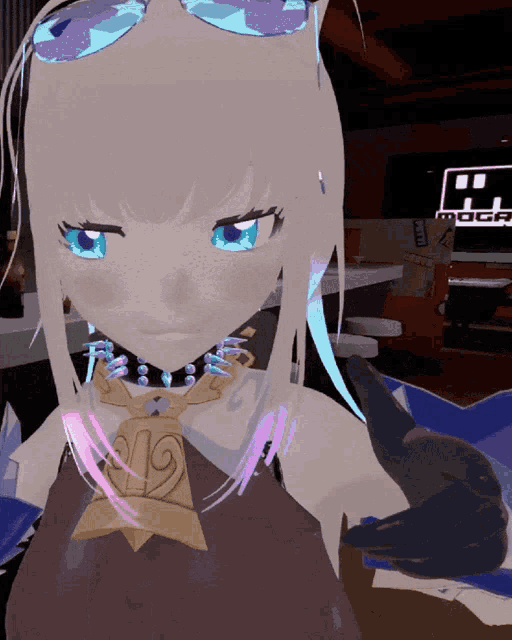 a computer generated image of a girl with a necklace with the number 19 on it
