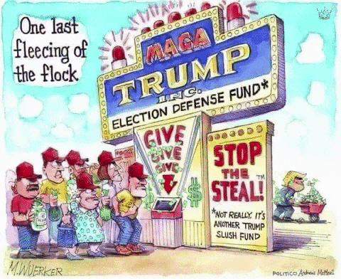 a cartoon shows a group of people standing in front of a maga trump election defense fund sign