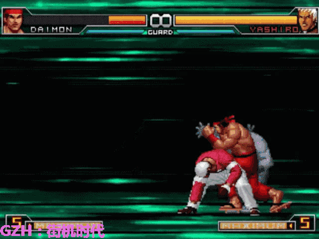a video game screen shows a fight between daimon and yashiro with gzh at the bottom