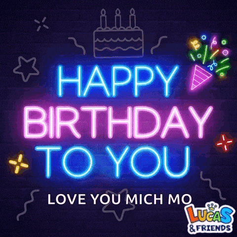 a neon sign that says happy birthday to you with a cake and confetti .