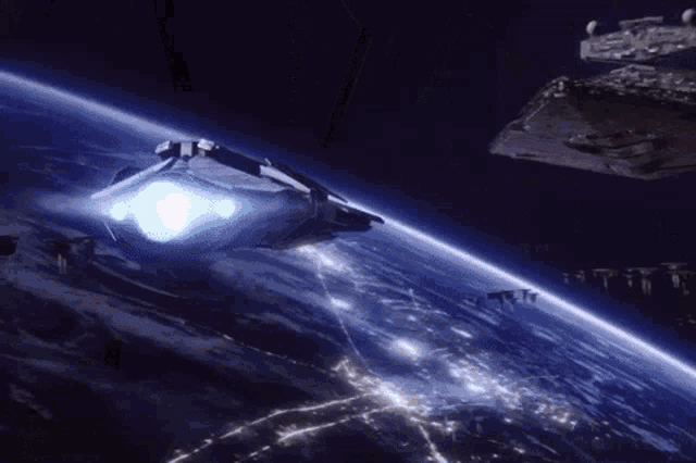 a space ship with a blue light on the front is flying over a planet
