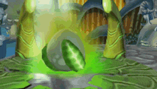 a green object is floating in the air in a video game scene .