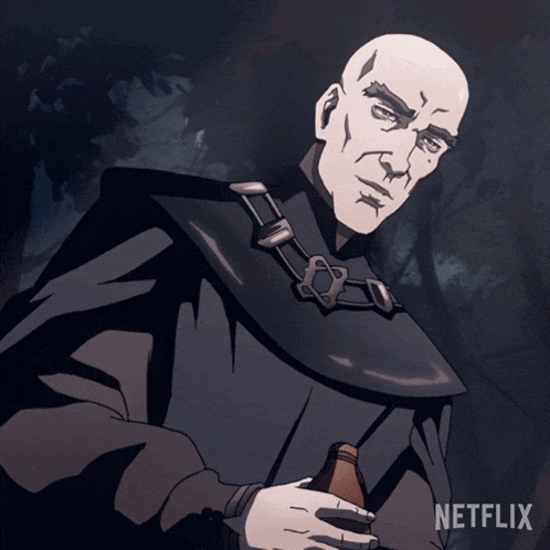 a cartoon of a bald man holding a bottle with a netflix logo in the background