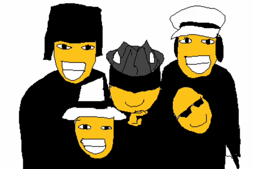a group of cartoon characters are posing for a picture and one of them is wearing a hat