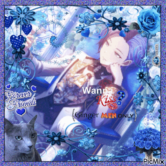 a picture of a man and a cat with the words " wanna kiss "