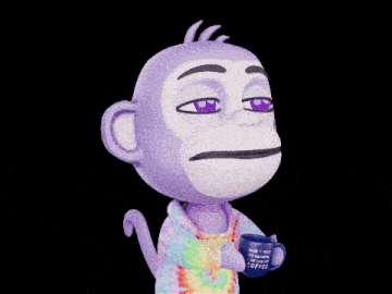 a purple monkey is holding a blue coffee mug that says " how i met your mother "