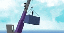 a large purple crane is lifting a large blue container in the ocean .
