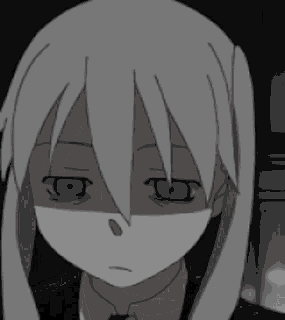 a black and white drawing of a girl with red eyes and a mask on her face .
