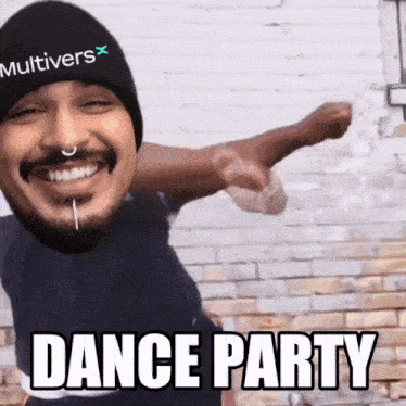 a man wearing a beanie that says multivers on it says dance party