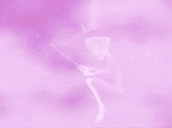 a cartoon witch in a pink dress and hat is flying on a broom