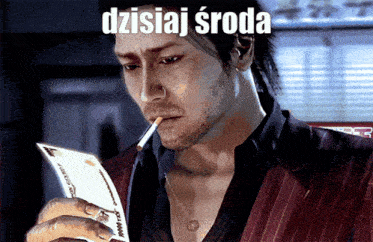 a man smoking a cigarette and holding a piece of paper with the word dzisiaj sroda written on it