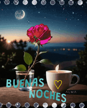a picture of a cup of coffee and a rose with the words " buenas noches "