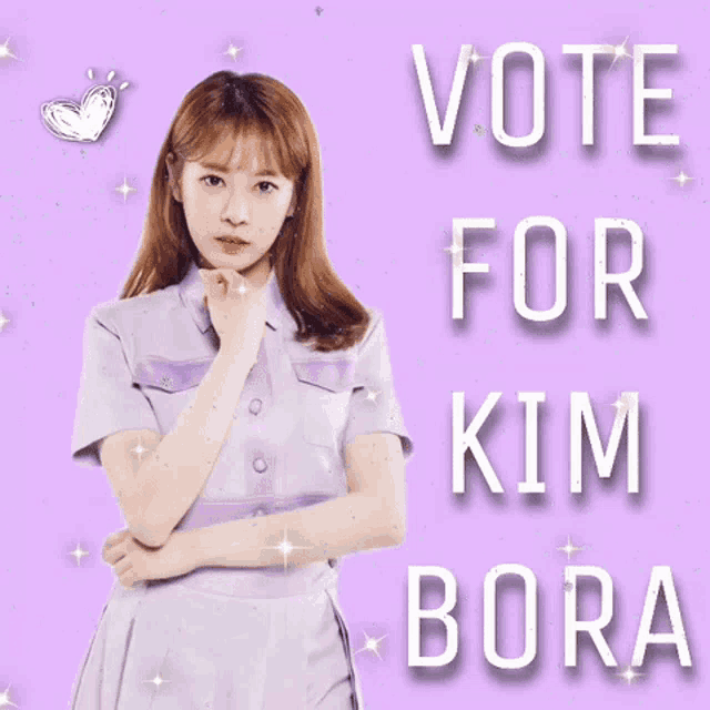 a girl in a purple dress stands in front of a purple background that says vote for kim bora