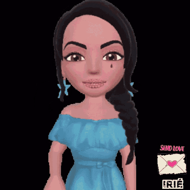 a woman in a blue dress is holding a pink heart in her hand