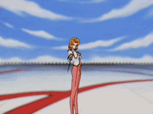 a cartoon of a woman singing into a microphone with a blue sky in the background
