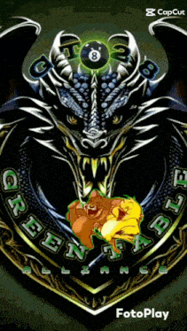 a picture of a dragon with a pool ball in its mouth