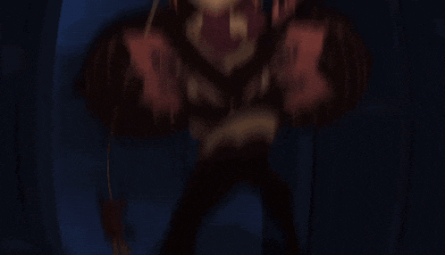 a cartoon character with a yellow hair and red eyes is standing in a dark room